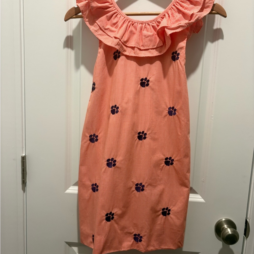 Girls Coral Ruffle-Neck Dress with Navy Paw Prints